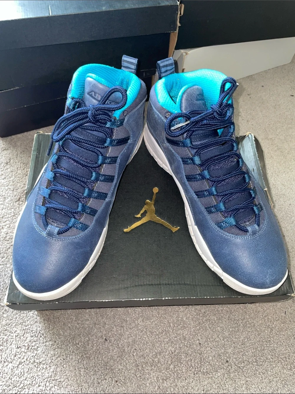 Jordan Navy Blue and Teal High-Top Basketball Sneakers